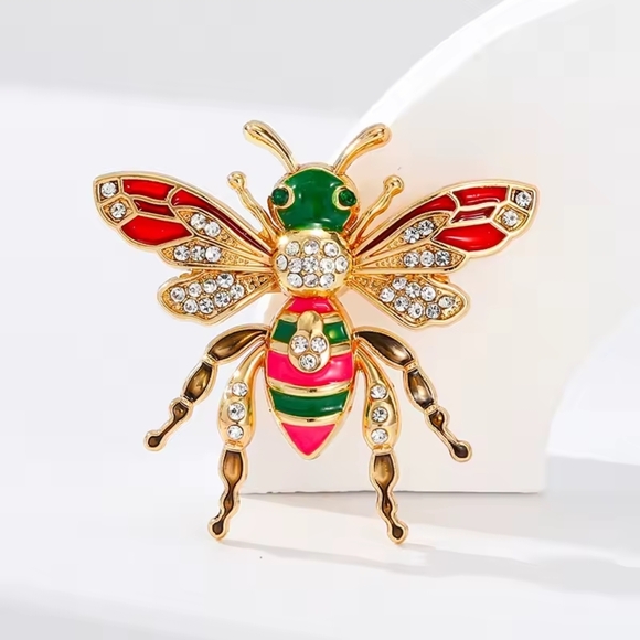 Anthropologie Jewelry - Gold-Tone Bee Brooch with Red and Green Enamel